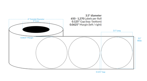 [100335-3X6-R2B-151-1000000] 3.5" HIGH GLOSS WHITE PAPER {CIRCLE} Roll Labels (3"CORE/6"OD)