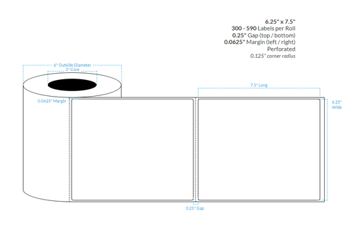 [103520-3X6-HGWP-120-1000000] 6.25" X 7.5" HIGH GLOSS WHITE PAPER {ROUND CORNERS} Roll Labels (3"CORE/6"OD) (PERFORATED)