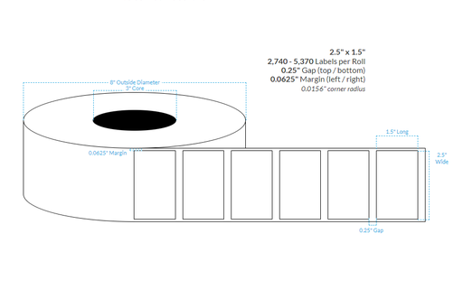 [101393-3X8-R31-141-1000000] 2.5" x 1.5" HIGH GLOSS WHITE Polypropylene BOPP {SQUARE CORNERS} Roll Labels (3" Core/8" OD)