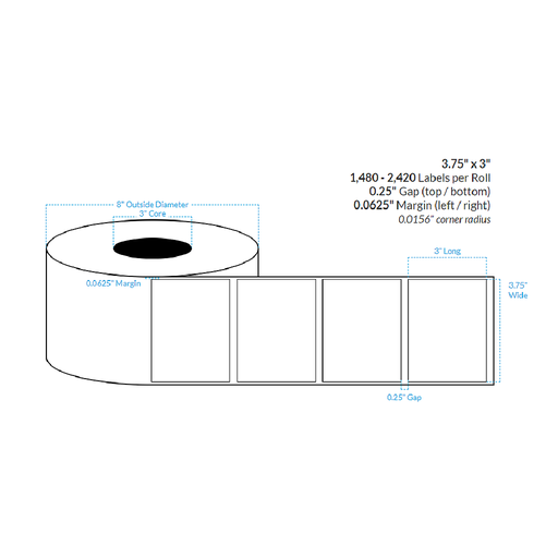 [103431-3X8-R31-182-1000000] 3.75" x 3" HIGH GLOSS WHITE POLPROPYLENE BOPP {SQUARE CORNERS} Roll Labels (3"CORE/8"OD)