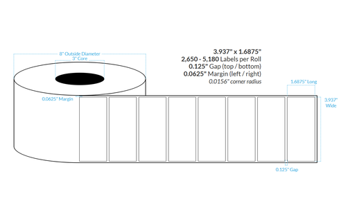 [100102-3X8-RZ6-184-1000000] 3.937" x 1.6875" SATIN Polypropylene BOPP {SQUARE CORNERS} Roll Labels  (3"CORE/8"OD)