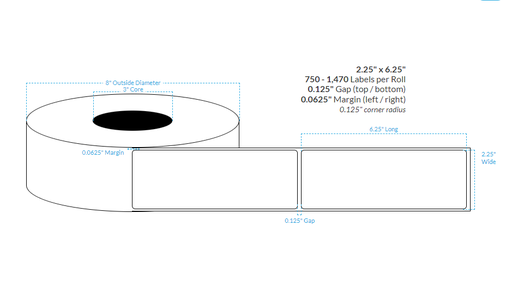 [101621-3X8-R31-129-1000000] 2.25" X 6.25" HIGH GLOSS WHITE BOPP Polypropylene {ROUNDED CORNERS} Roll Labels  (3"CORE/8"OD)