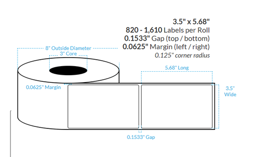 [000000-3X8-R483-182-1000000] 3.5" x 5.68"  MATTE WHITE Polypropylene BOPP {ROUNDED CORNERS} Roll Labels  (3"CORE/8"OD)