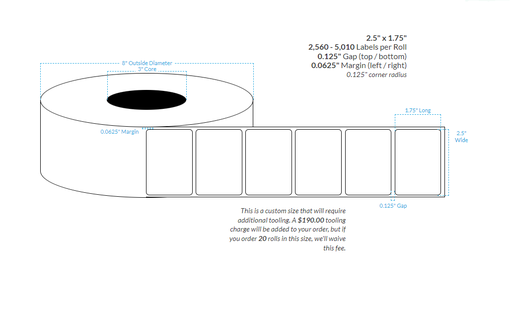 [000000-3X8-R31-182-1000000] 2.5" x 1.75" HIGH GLOSS WHITE Polypropylene BOPP {ROUNDED CORNERS} Roll Labels (3"CORE/8"OD)