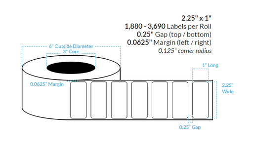 [100405-3X6-R31-113-1000000] 2.25" X 1" HIGH GLOSS WHITE BOPP Polypropylene {ROUNDED CORNERS} Roll Labels  (3"CORE/6"OD)