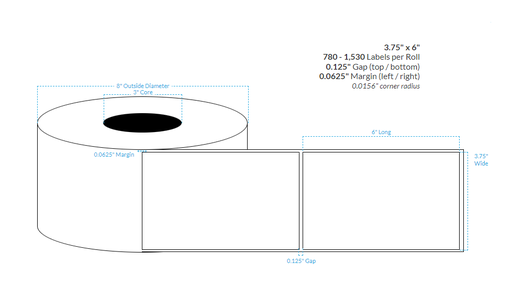 [101162-3X8-MK-161-1000000] 3.75" x 6" MATTE WHITE KIMDURA {SQUARE CORNERS} Roll Labels  (3"CORE/8"OD)