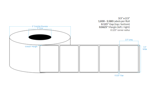 [100927-3X8-SB-182-1000000] 3.5" X 2.5" SILVER Polypropylene (BOPP) {ROUNDED CORNER} (3"CORE/8"OD)