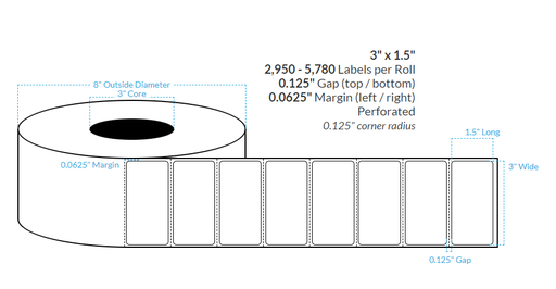 [105286-3X8-MWB-129-1000000] 3" x 1.5"  MATTE WHITE Polypropylene BOPP {ROUNDED CORNERS} PERFORATED Roll Labels  (3"CORE/8"OD)