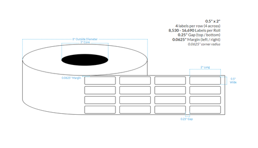 [103840-3X8-HGWP-182-4000000] 0.5" X 2" HIGH GLOSS WHITE PAPER {ROUND CORNERS} Roll Labels (3"CORE/8"OD)